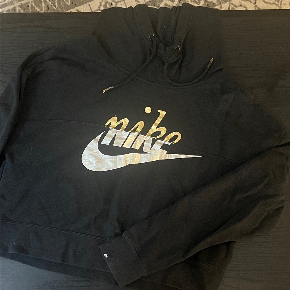 Nike Women's Black Crop Hoodie with Gold and Silver Logo